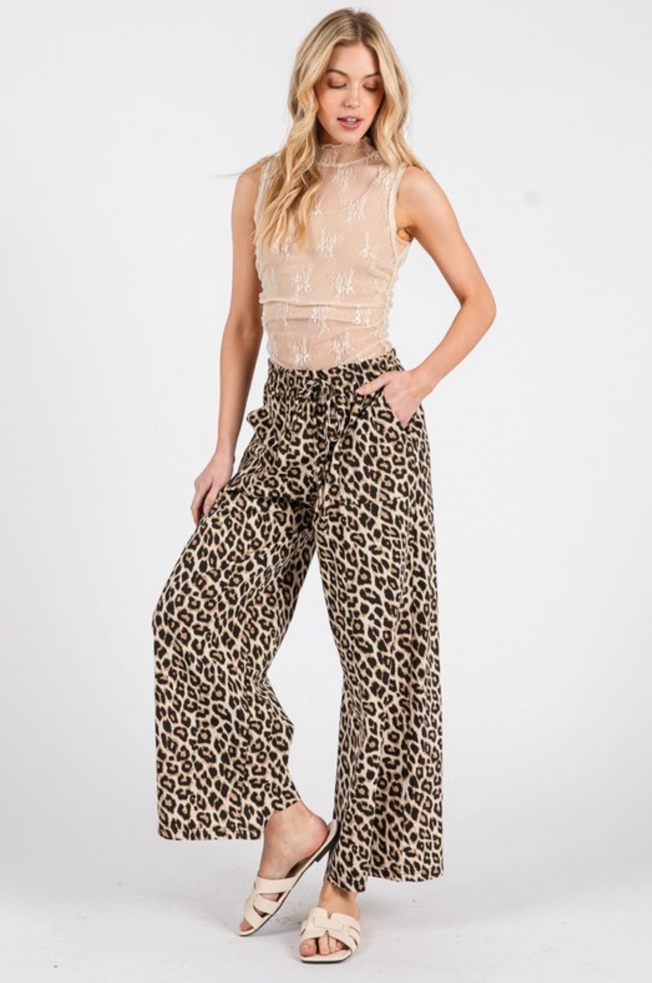 Washed Leopard Print Wide Leg Pant