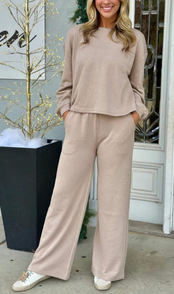 Beige French Ribbed 2PC Lounge Set