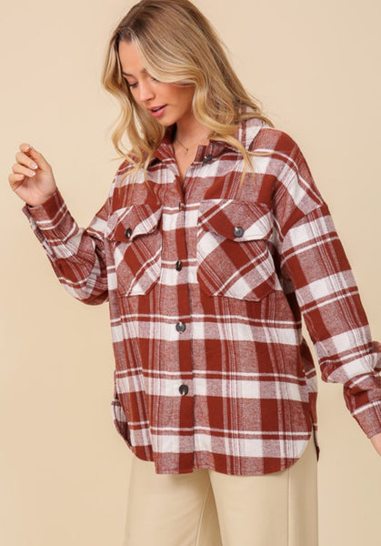 Plaid Button Down Shacket Clay Combo