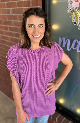 Flirty Ribbed Knit Ruffle Top Purple