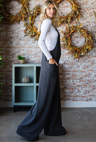 Charcoal Ribbed Knit Wide Leg Overall Jumpsuit