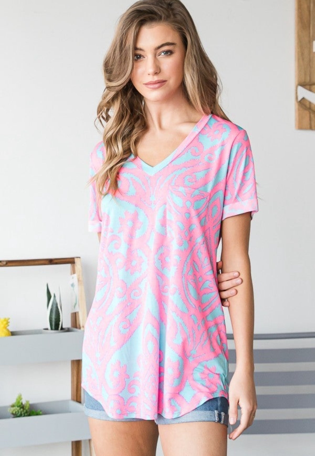 Aqua Pink Printed V Neck Top