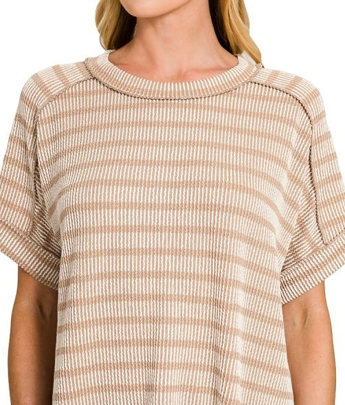 Stripe Two Tone Textured Top Mocha