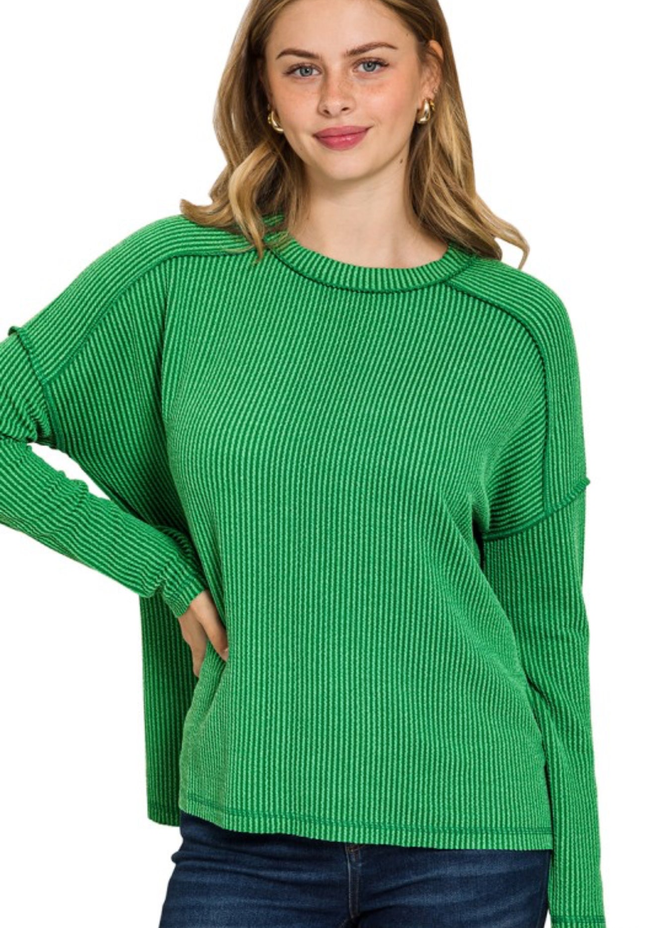 Ribbed Knit Long Sleeve Top Green