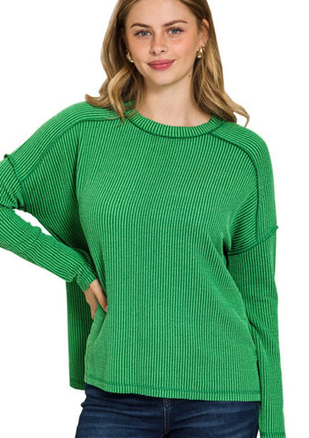 Ribbed Knit Long Sleeve Top Green