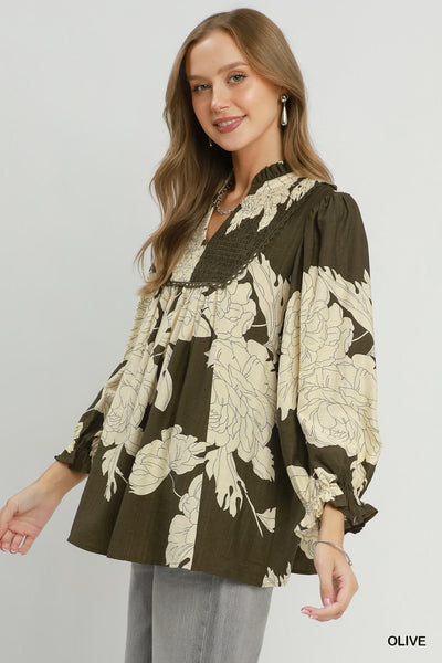 UMGEE Hampton Leaf Print Top Olive