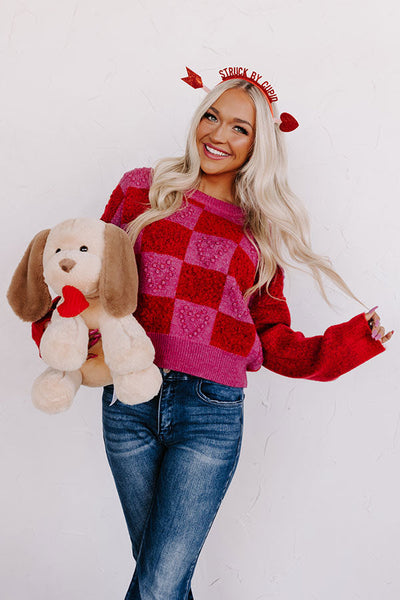 Checkered Heart Textured Sweater