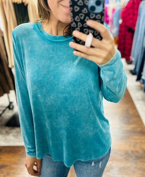 Washed Ribbed Long Sleeve Top Teal