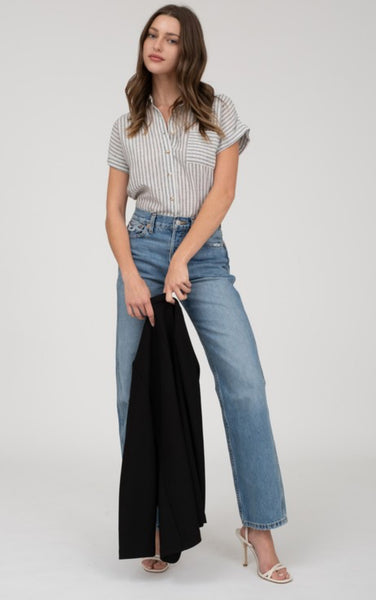 Stripe Collared Linen Blend Button Down Black