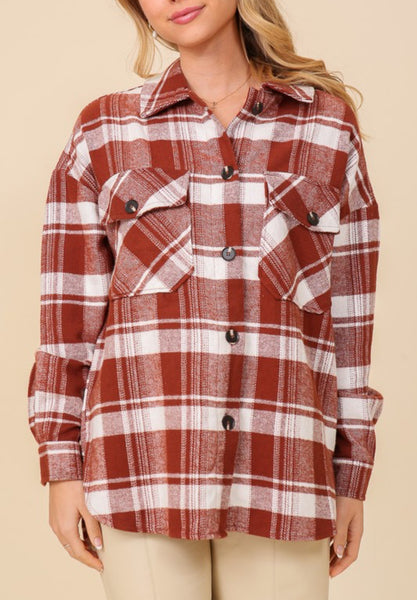 Plaid Button Down Shacket Clay Combo