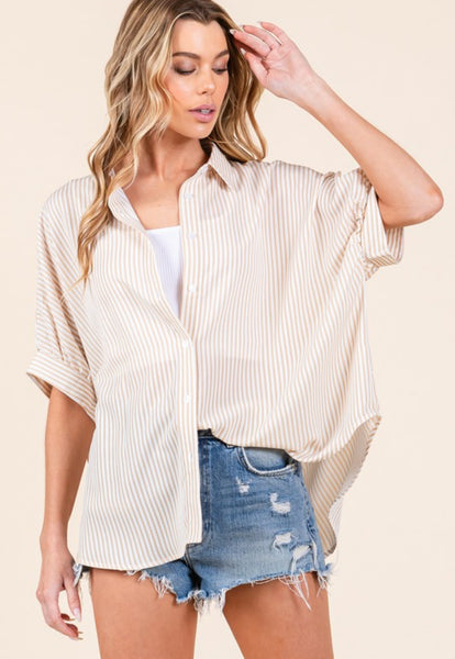 Stripe Oxford Button Down Shirt Taupe Tan