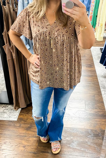 Taupe Floral Print Woven V Neck Top