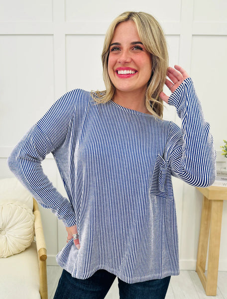 Ribbed Striped Long Sleeve Top Blue