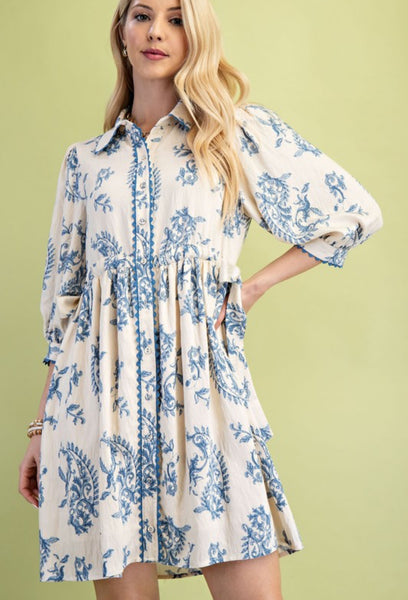 Paris Paisley Button Down Dress Blue Mix