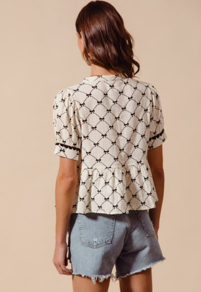 Bow Ribbon Print Peplum Top