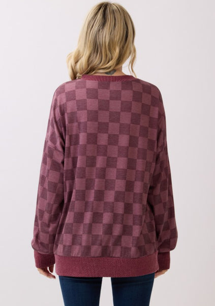 Checkered Pullover Top Vintage Burgundy