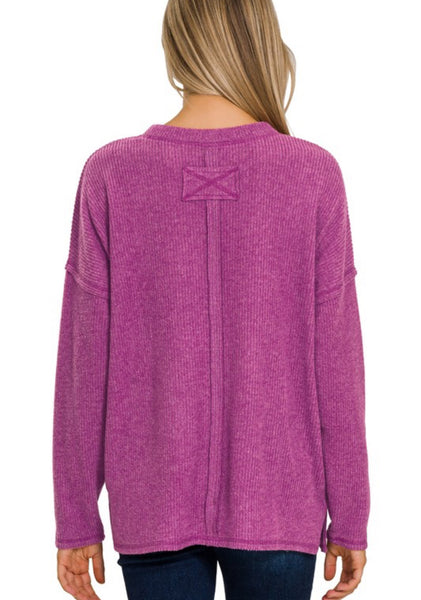 Evelyn Ribbed Knit Pocket Top Plum