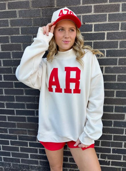 AR Embroidered Mock Neck Sweatshirt Cream Red