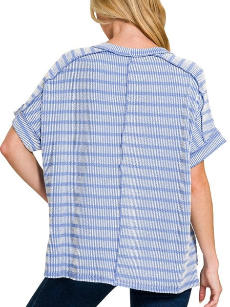 Stripe Two Tone Textured Top Blue
