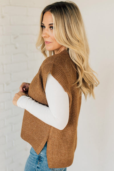 V Neck Boxy Sweater Vest Camel
