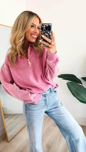 Acid Wash Half Zip Sweatshirt Rose