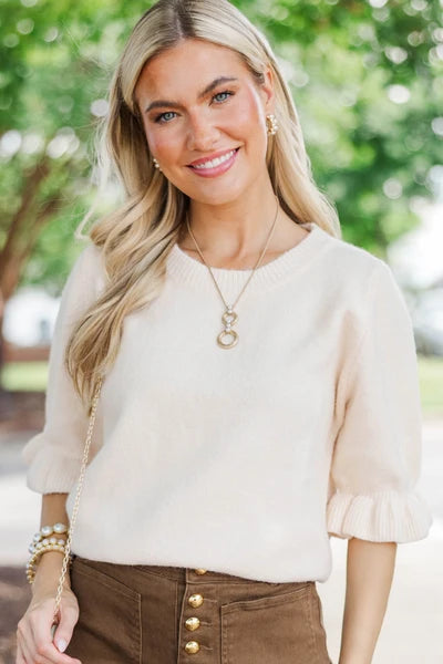 Soft Ruffle Sleeve Sweater Cream