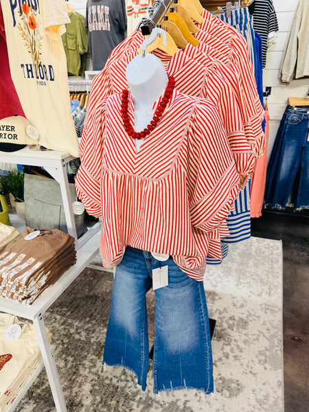 UMGEE Striped Puff Sleeve Top Raspberry