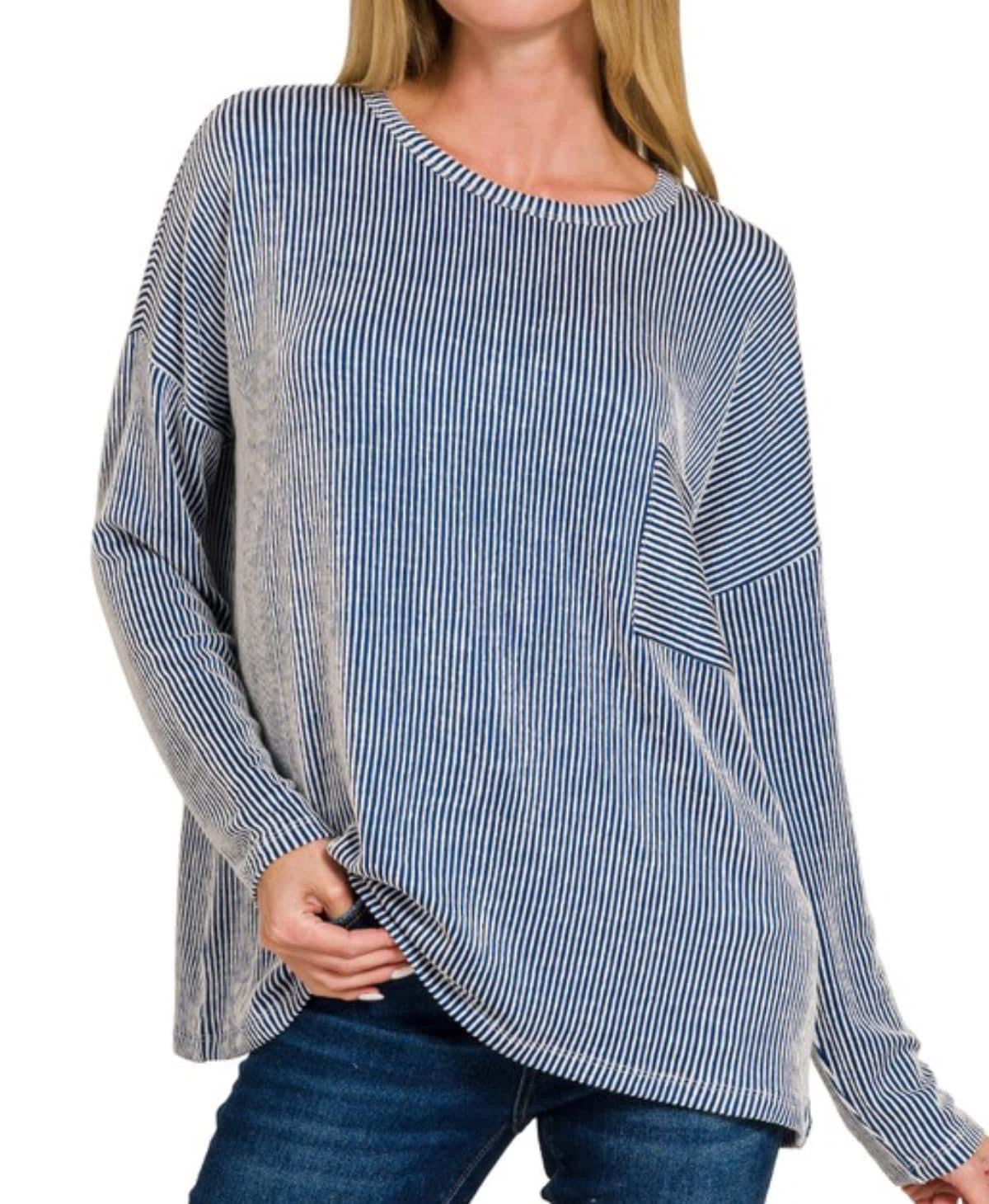 Ribbed Striped Long Sleeve Top Blue