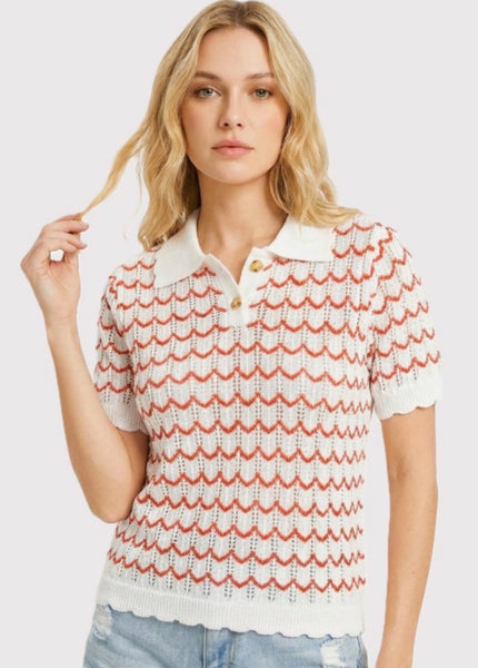 Collared Knit Stripe Top Red