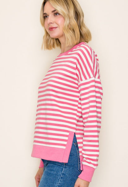 Pink Stripe Side Slit Sweatshirt