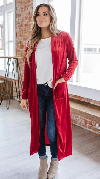 Everly Red Velvet Duster Cardigan