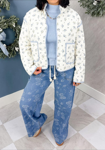 Ivory Blue Floral Quilted Jacket