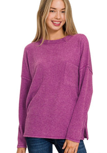 Evelyn Ribbed Knit Pocket Top Plum