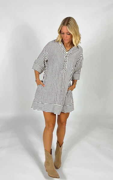 Stripe Pattern Collared Dress Black Mix