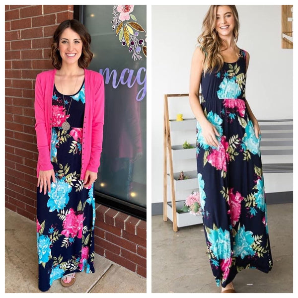 Dark Navy Mint Fuchsia Floral Maxi Dress