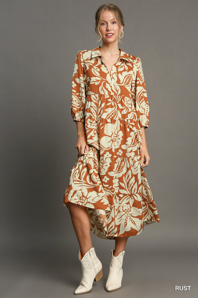 UMGEE Floral Print Midi Dress Rust