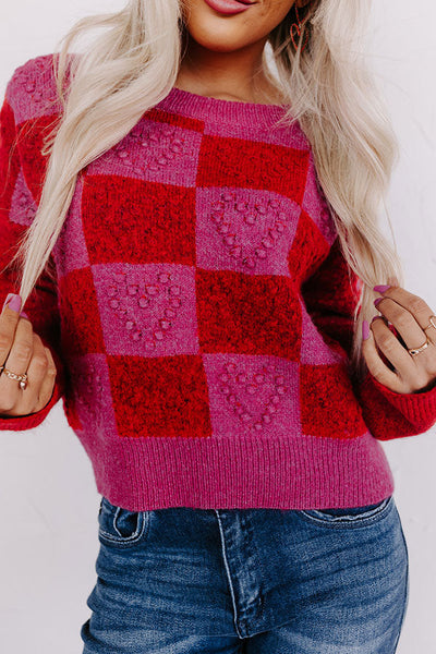 Checkered Heart Textured Sweater