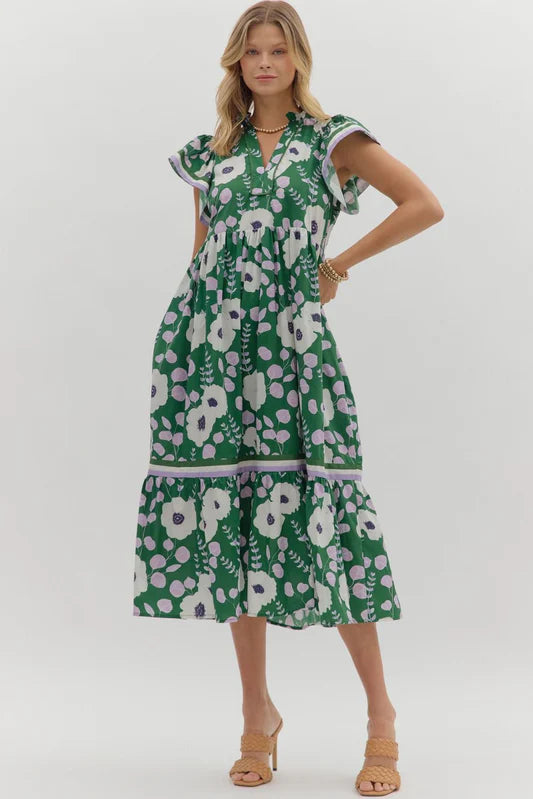 Floral Flutter Sleeve Dress Green Mix