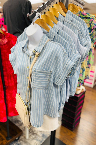 Stripe Chambray Denim Button Down Shirt