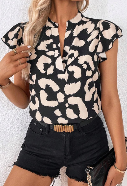 Ivory Black Leopard Split Neck Top