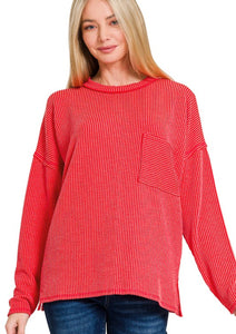 Ribbed Knit Solid Basic Top Ruby Red