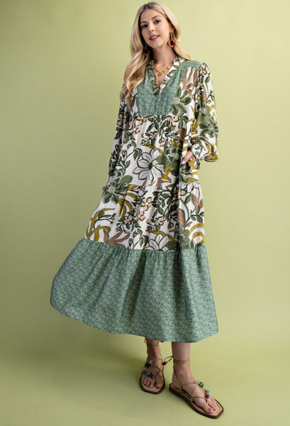Green Mixed Print Tiered Midi Dress