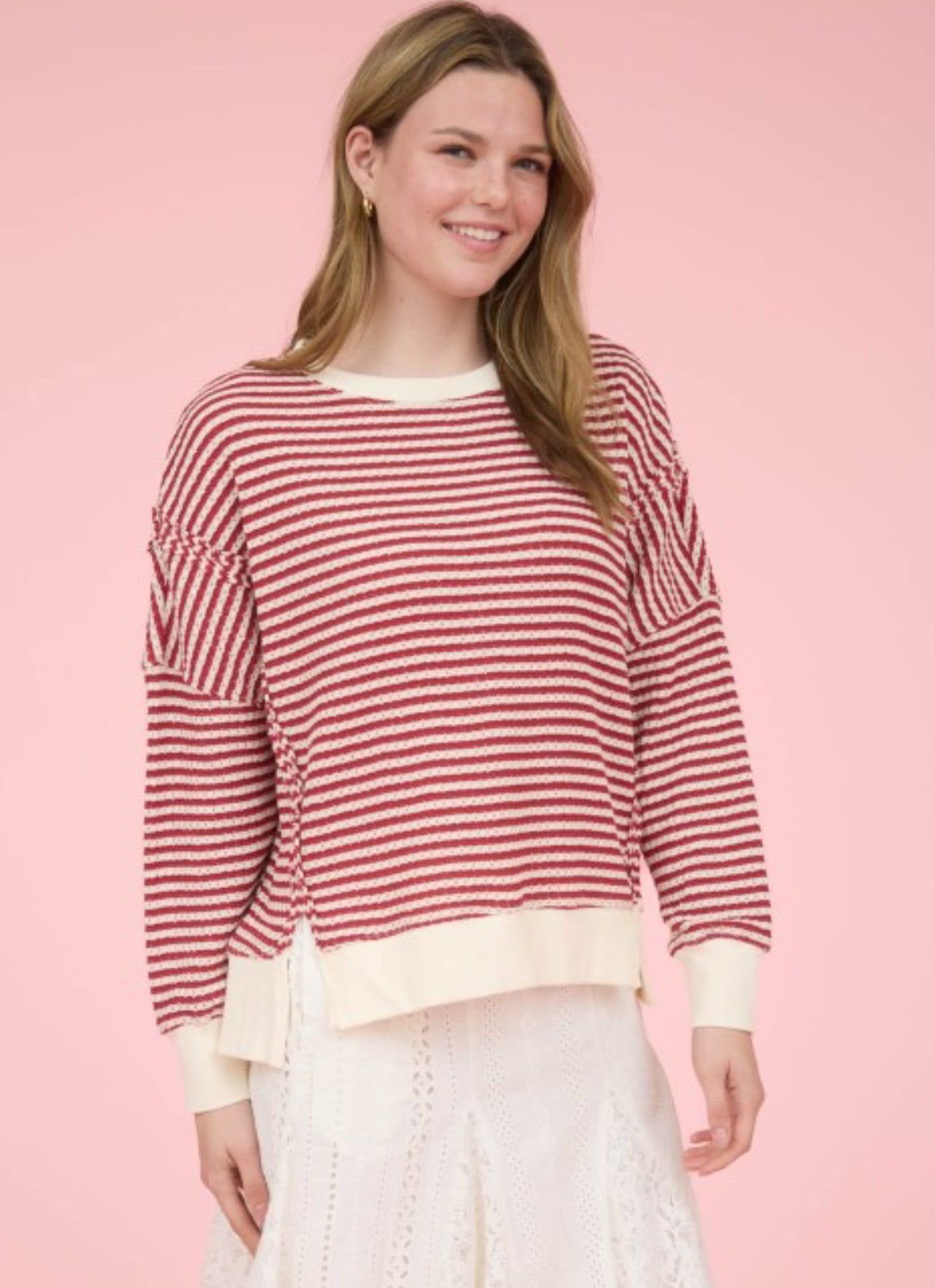 Red Stripe Exposed Seam Sweater Top