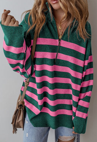 Stanford Stripe Quarter Zip Sweater Green Pink