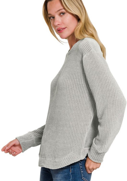 Chenille Waffle Knit Crew Sweater Grey