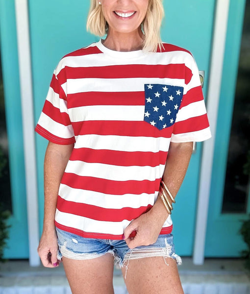Red Stripe Star Pocket Top