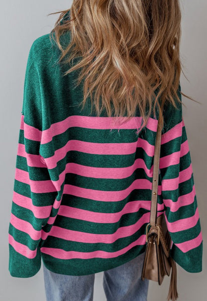 Stanford Stripe Quarter Zip Sweater Green Pink