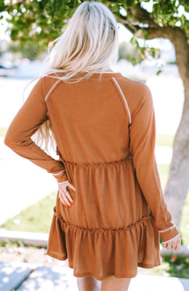 Chestnut Waffle Knit Ruffle Tunic Dress