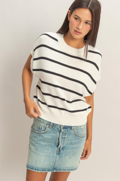 Stripe Crew Neck Knit Top Black