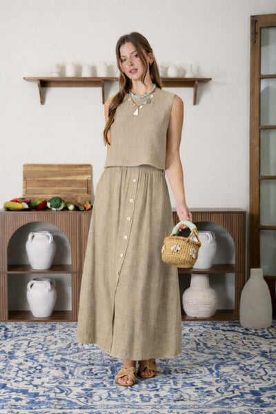 Skirt & Top Button Detail 2PC Set Khaki